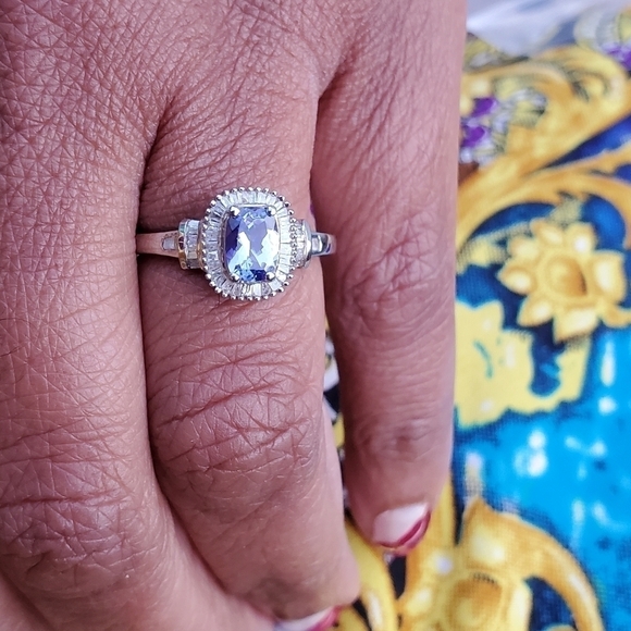 Djoy Jewelry - Tanzanite Diamond Halo Ring Platinum Over Sterling Silver